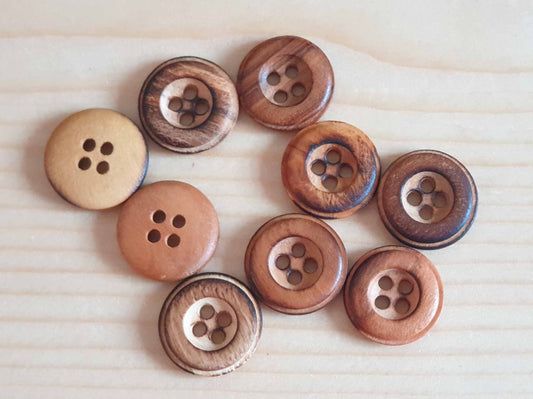 MADE IN ITALY Double-Edge Olive Burned Wooden Buttons — 4-Hole Sewing Buttons 15mm (Set of 6)