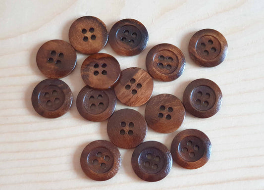 MADE IN ITALY Thick Edge Walnut Brown Wooden Buttons — 4-Hole Sewing Buttons 15-20mm (Set of 6)