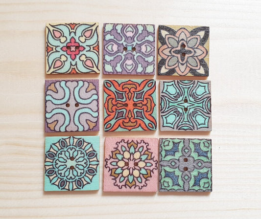 PASTEL MANDALA TILE / 25*25mm / Wooden Buttons / Sewing Buttons