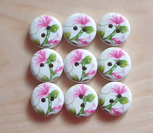 PASTEL PINK FLORAL  / 15mm / Wooden Buttons / Sewing Buttons