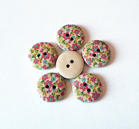 PINK BLUE FLORALS / 18mm - 6 buttons / Wooden Buttons / Sewing Buttons