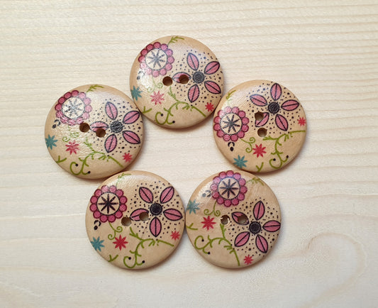 PINK FLOWER DRAWINGS / 30mm - 6 buttons / Wooden Buttons / Sewing Buttons