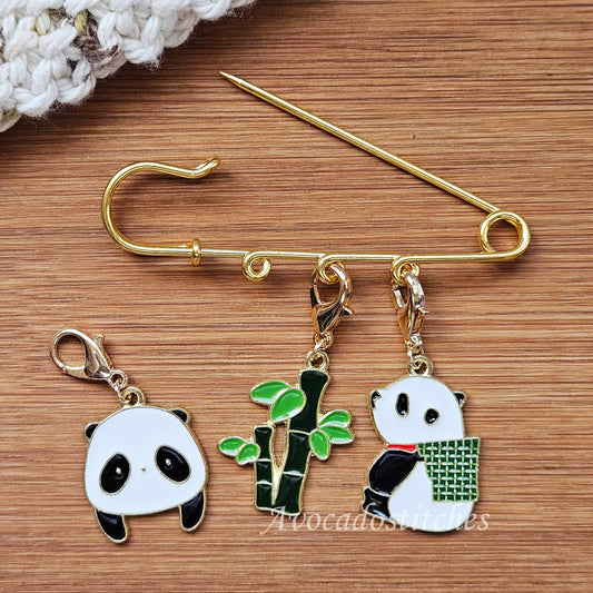 PANDA PARADE - Stitch Marker and Holder Set / Set of 4 / Shawl Scarf Pin Brooch / Knitting Crochet Notion