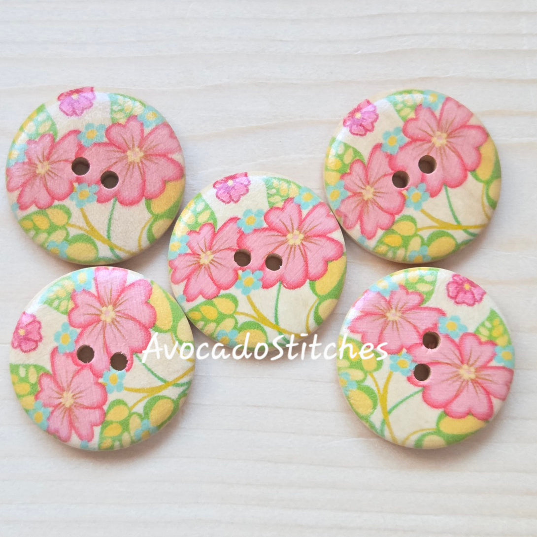 PASTEL FLORALS / 30mm - 5 buttons / Wooden Buttons / Sewing Buttons (Set A)