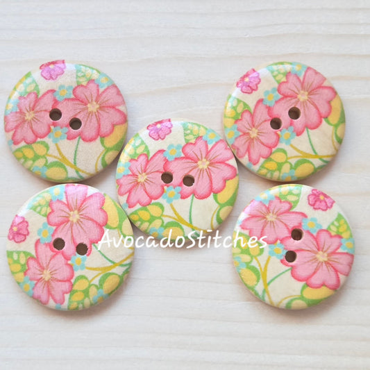 PASTEL FLORALS / 30mm - 5 buttons / Wooden Buttons / Sewing Buttons (Set A)
