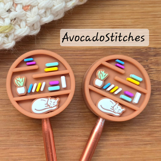 PEEK-A-PURR BOOKSHELL Stitch Stoppers /  2 pieces / Knitting Needle Toppers / Point Protection / Notions
