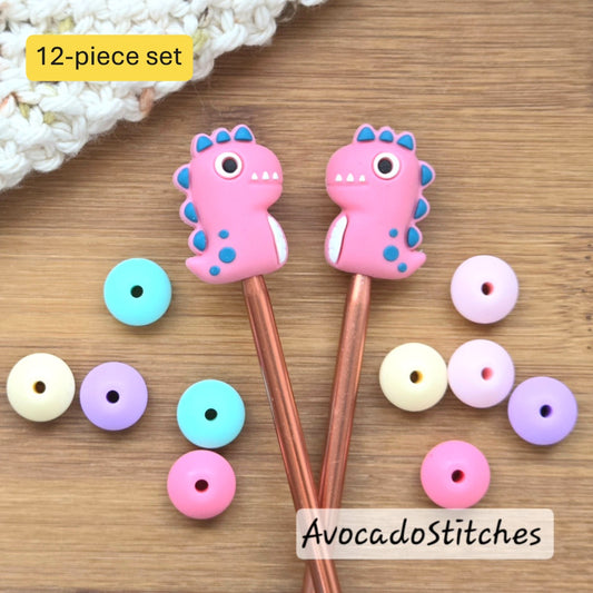 PINKY DINO Stitch Stoppers / Knitting Needle Toppers / Point Protection / Notions