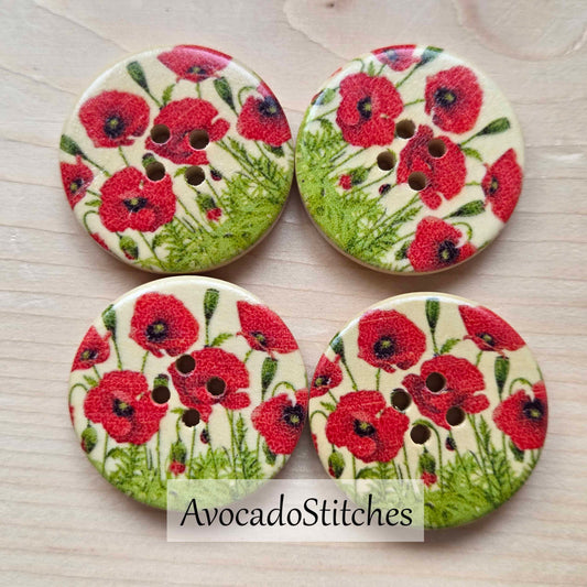 RED POPPY FLOWER / 30mm - 6 buttons / Wooden Buttons / Sewing Buttons