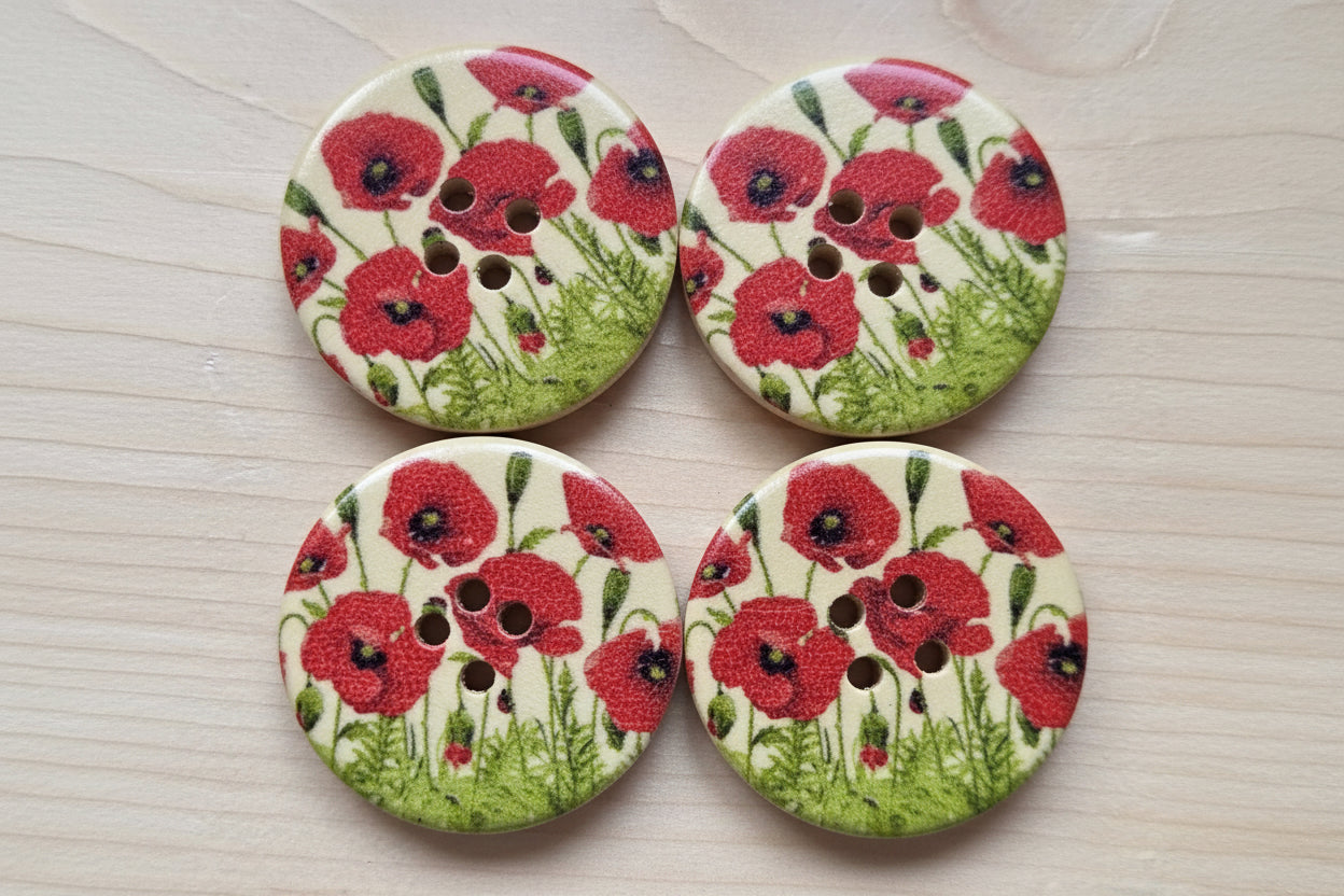 RED POPPY FLOWER / Wooden Buttons / 30mm (Set of 6)