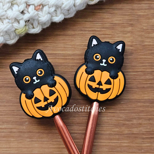PUMPKIN & PURRS Stitch Stoppers / 2 pieces / Knitting Needle Stoppers / Point Protection / Notions