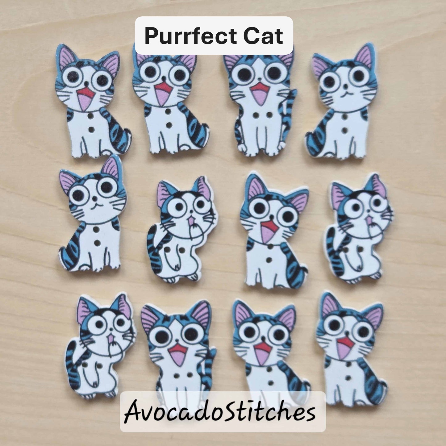 CAT / 8 buttons / Wooden Buttons / Sewing Buttons