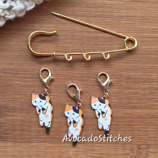 PURRFECTLY HUNG (Orange BW)  – Stitch Marker and Holder Set / Set of 4 / Shawl Scarf Pin Brooch / Knitting Crochet Notion