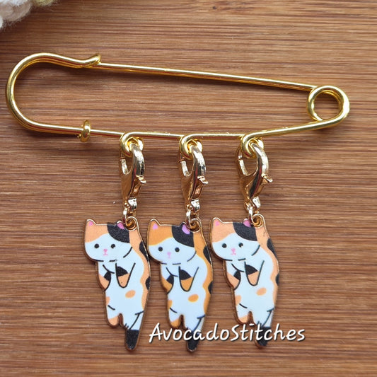 PURRFECTLY HUNG (Orange BW)  – Stitch Marker and Holder Set / Set of 4 / Shawl Scarf Pin Brooch / Knitting Crochet Notion