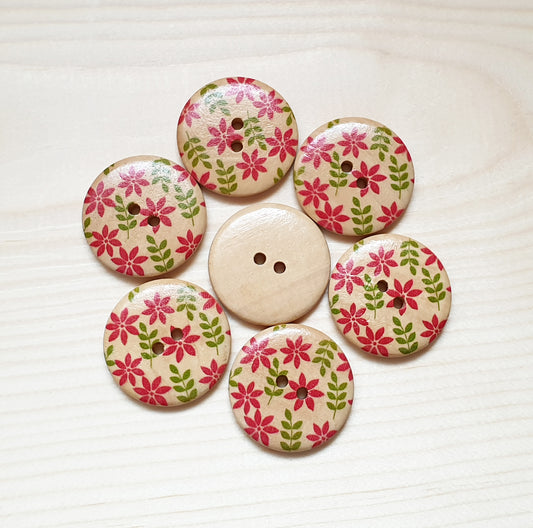 RED DAISIES / 30mm / Set of 5 buttons / Wooden Buttons / Sewing Buttons