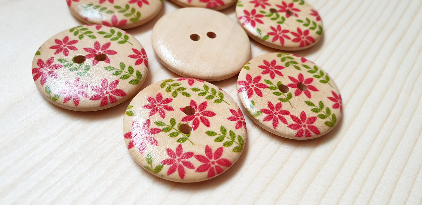 RED DAISIES / 30mm / Set of 5 buttons / Wooden Buttons / Sewing Buttons