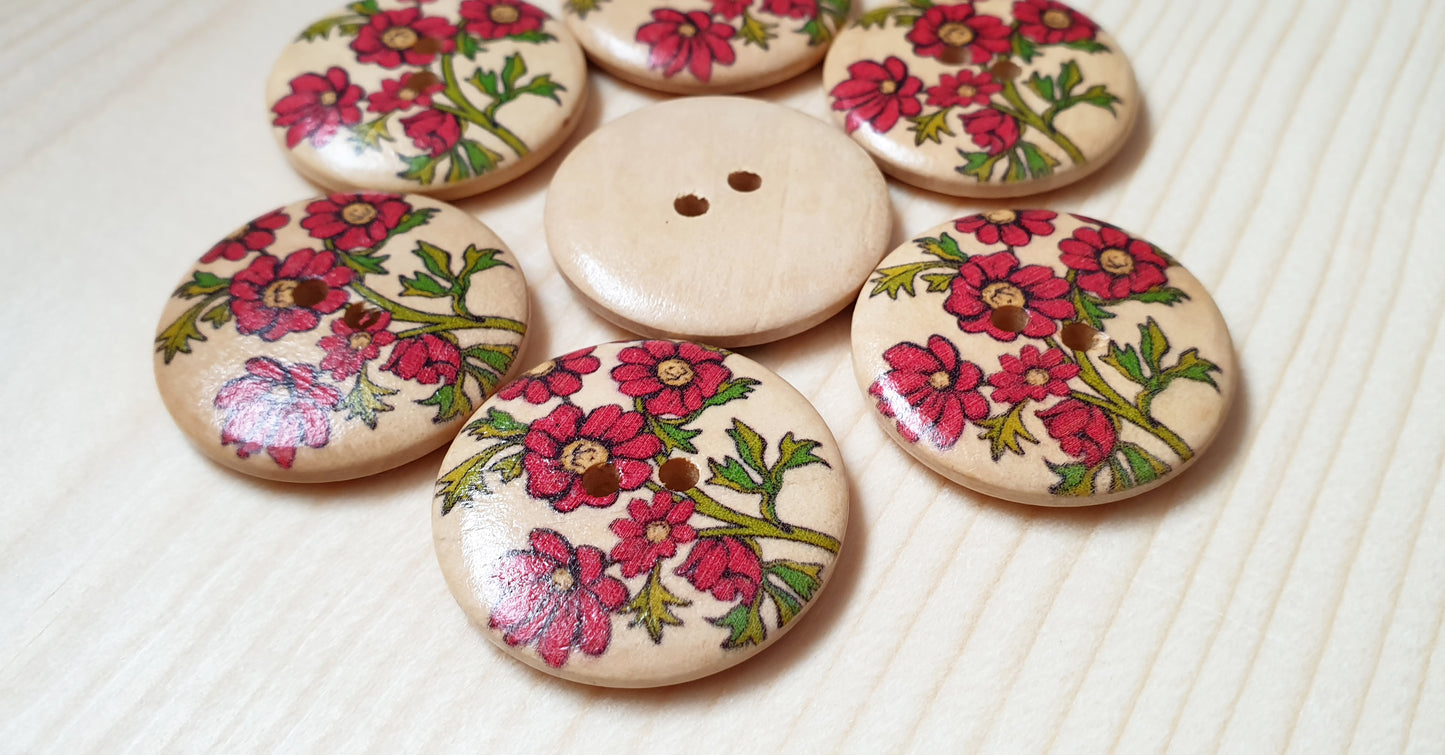 RED DAISY BOUQUET / 30mm / Set of 5 buttons / Wooden Buttons / Sewing Buttons