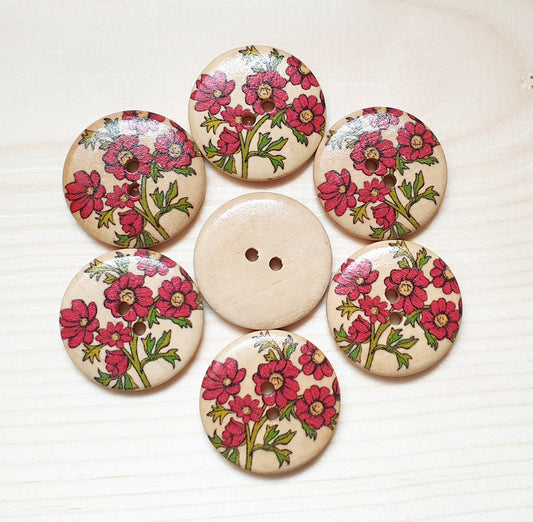 RED DAISY BOUQUET / 30mm / Set of 5 buttons / Wooden Buttons / Sewing Buttons