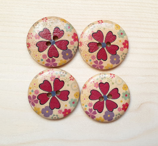 RED DAISY / 30mm / Set of 4 buttons / Wooden Buttons / Sewing Buttons