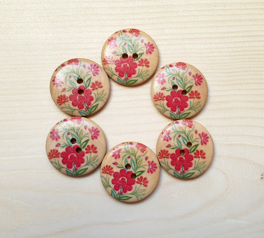 RED PINK FAN / 30mm / Set of 6 buttons / Wooden Buttons / Sewing Buttons