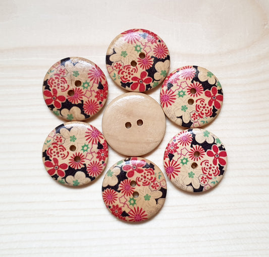 RED WHITE FLORALS / 30mm - 6 buttons / Wooden Buttons / Sewing Buttons