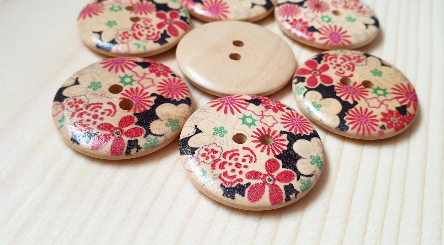 RED WHITE FLORALS / 30mm - 6 buttons / Wooden Buttons / Sewing Buttons