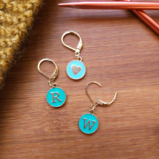 RIGHT & WRONG SIDE Turquoise & Blue Stainless Steel Markers / 3 pcs / Removable Leverback Stitch Markers / Knitting Crochet Stitch Markers / Notions