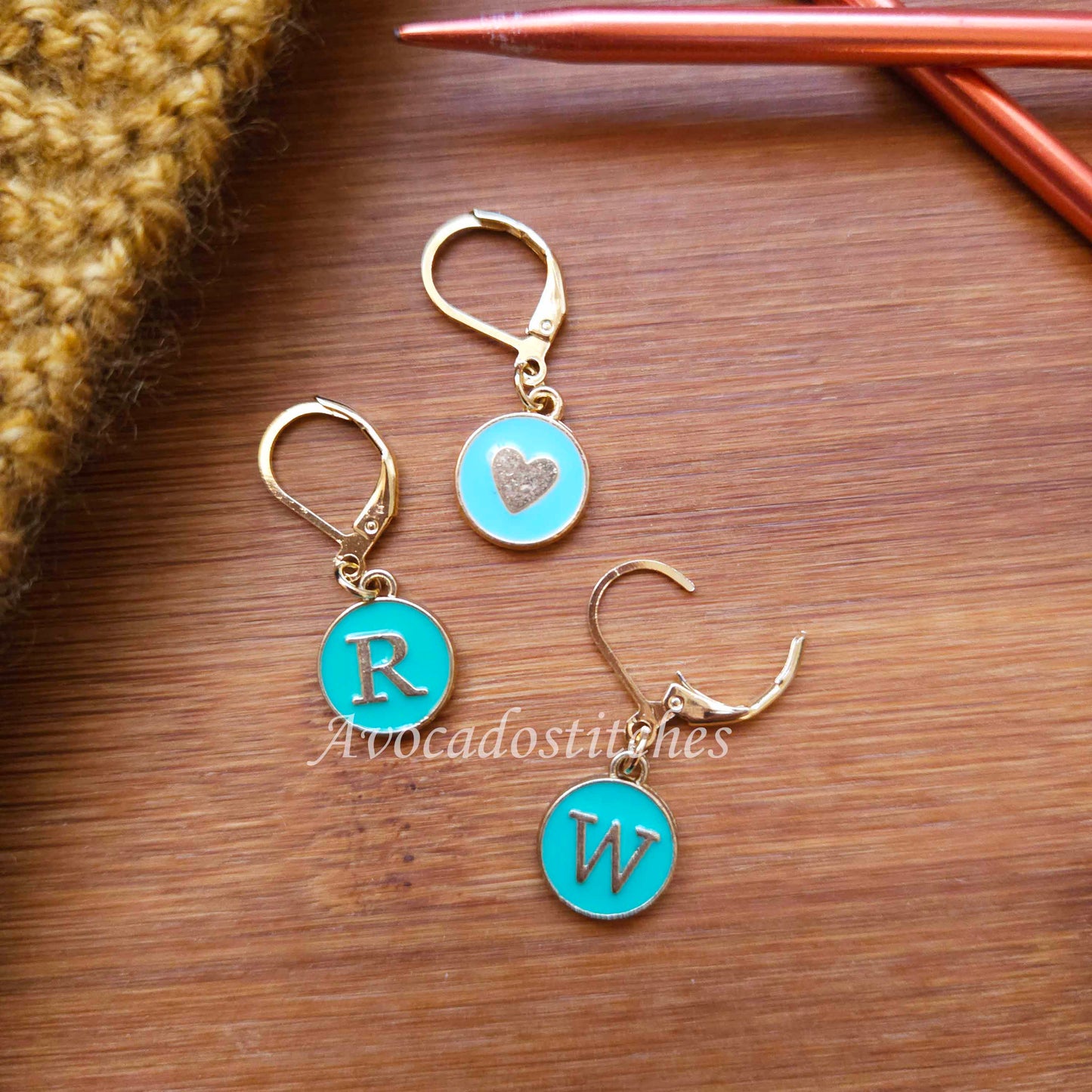 RIGHT & WRONG SIDE Turquoise & Blue Stitch Markers / 3 pcs / Knitting Crochet Stitch Markers / Notions