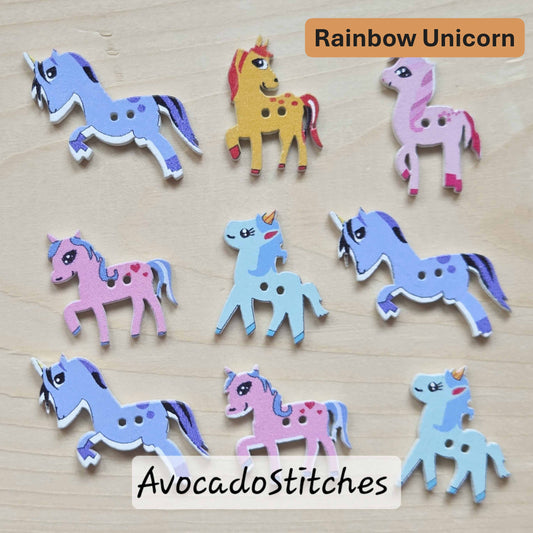 Clearance // RAINBOW UNICORN / 8 buttons / Wooden Buttons / Sewing Buttons