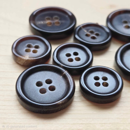 BUFFALO HORN Classic 4-Hole Buttons — Dark Brown Natural Buttons 15-20mm (Set of 4)