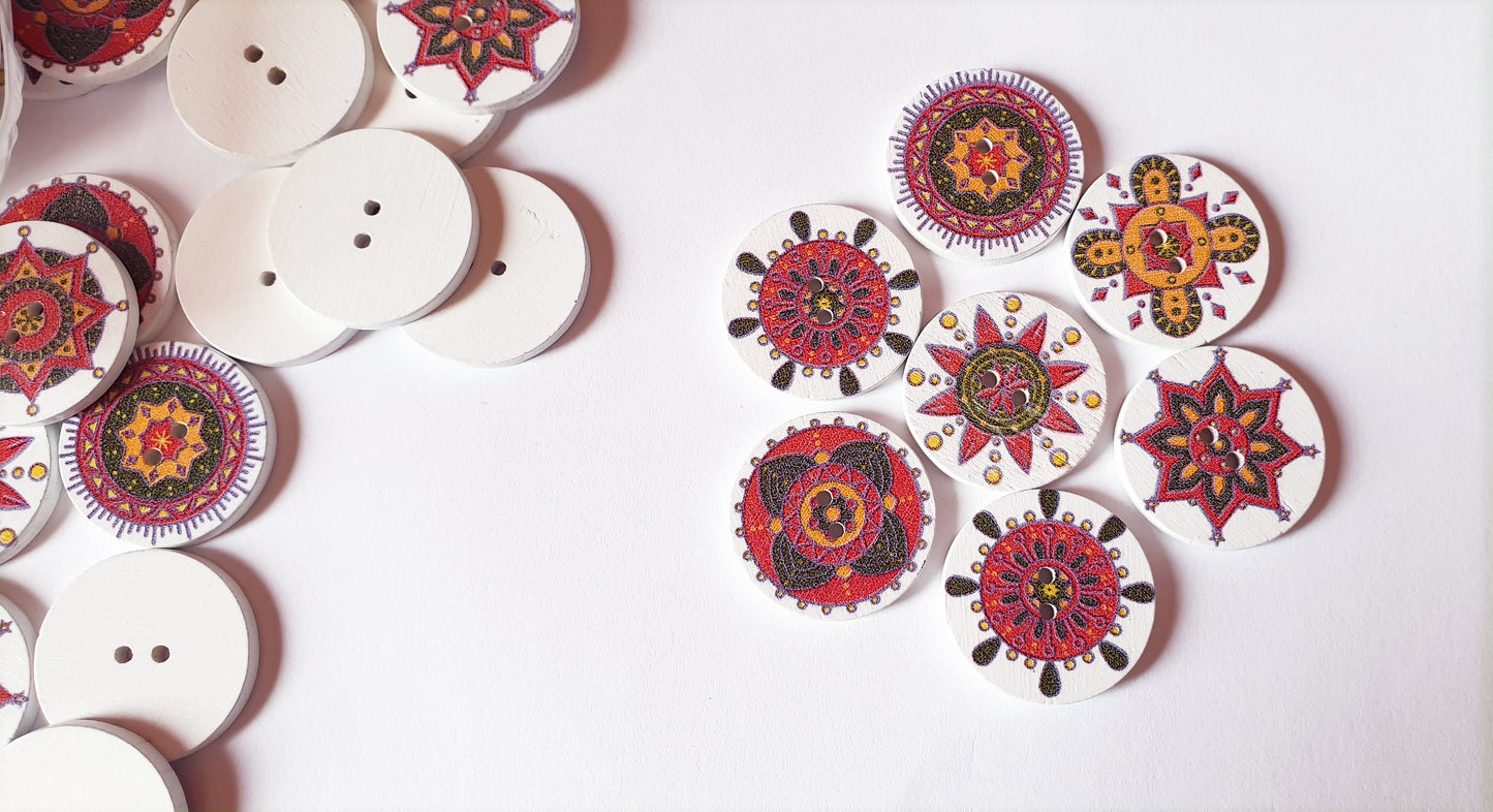 RED MANDALA / 25mm / Wooden Buttons / Sewing Buttons