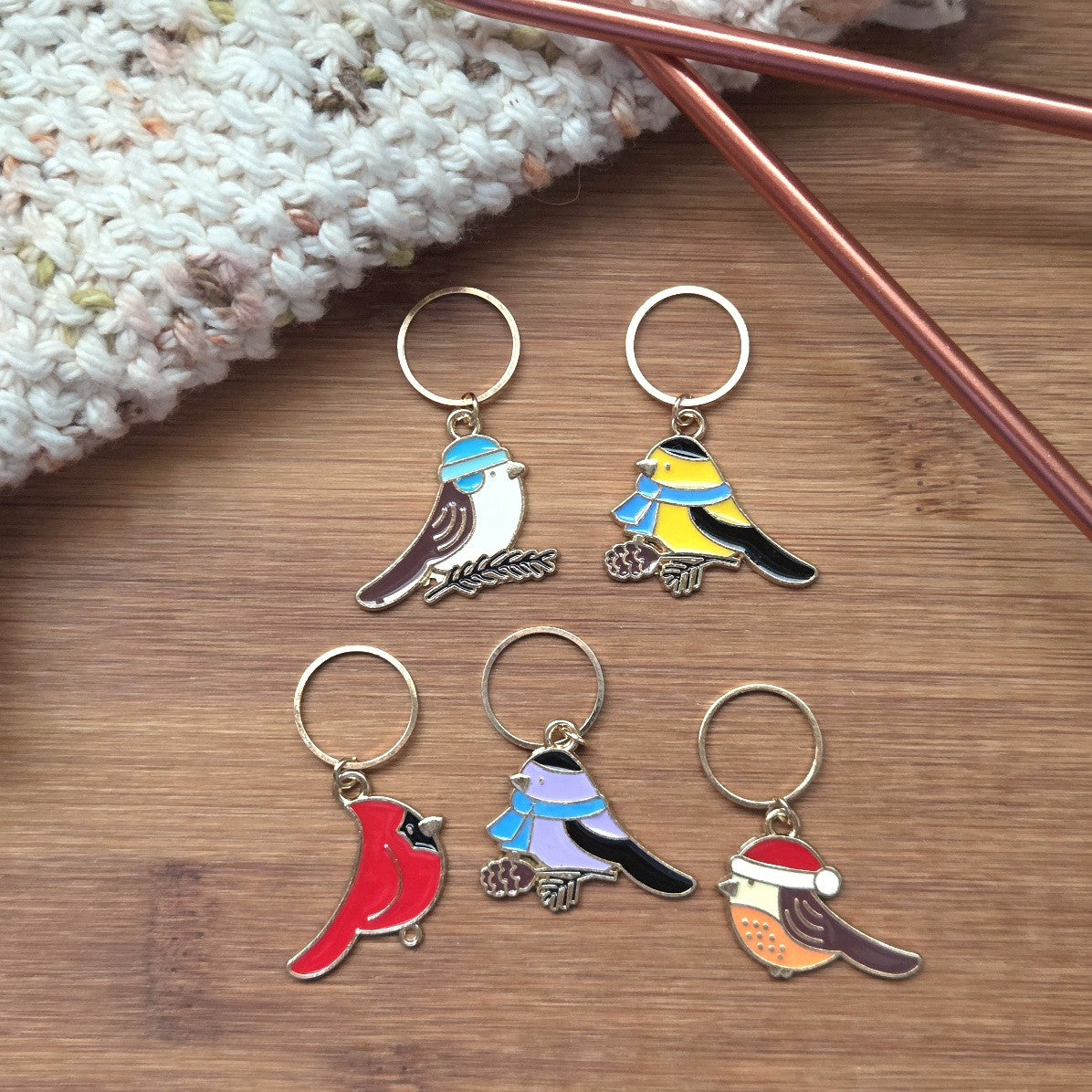 ROBINS - 5 pieces / Knitting Crochet Stitch Markers / Notions