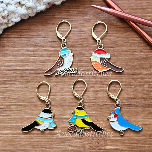 ROBINS - 5 pieces / Knitting Crochet Stitch Markers / Notions