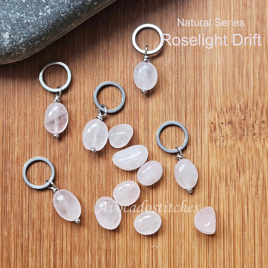ROSELIGHT DRIFT (Natural Stone & Stainless Steel) – Set of 5 Stitch Markers / Knitting Crochet Notions