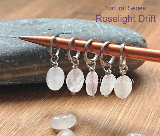 ROSELIGHT DRIFT (Natural Stone & Stainless Steel) – Set of 5 Stitch Markers / Knitting Crochet Notions