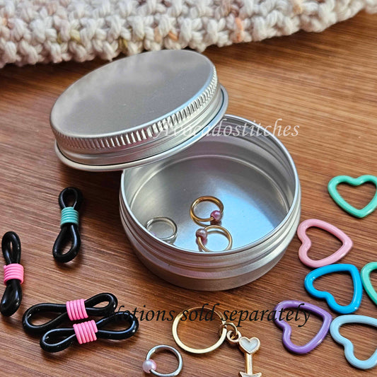 ALUMINIUM SCREW TOP Round Notion Storage Tin / Storage for Knitting Crochet Sewing Notions / Stitch markers Storage / Notion Storage