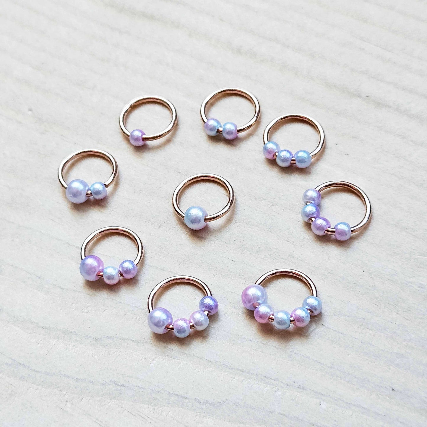 OCEAN PEARL Row Counter Stitch Markers / 9 pcs / Rose Gold Snag Free Stitch Markers / Notions