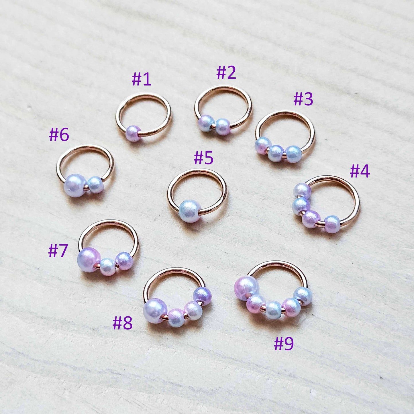 OCEAN PEARL Row Counter Stitch Markers / 9 pcs / Rose Gold Snag Free Stitch Markers / Notions