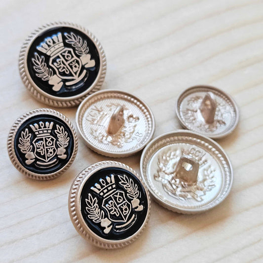 ROYAL WREATH SHANK - Black & Light Gold / 15-20mm / Set of 4 buttons / Metal Enamel Alloy Shank Buttons / Sewing Buttons