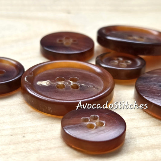 RUSTIC HORN 4-Hole Light Brown Buffalo Horn Buttons / 15-25mm / Set of 4 buttons / Real Horn Buttons / Natural Sewing Buttons