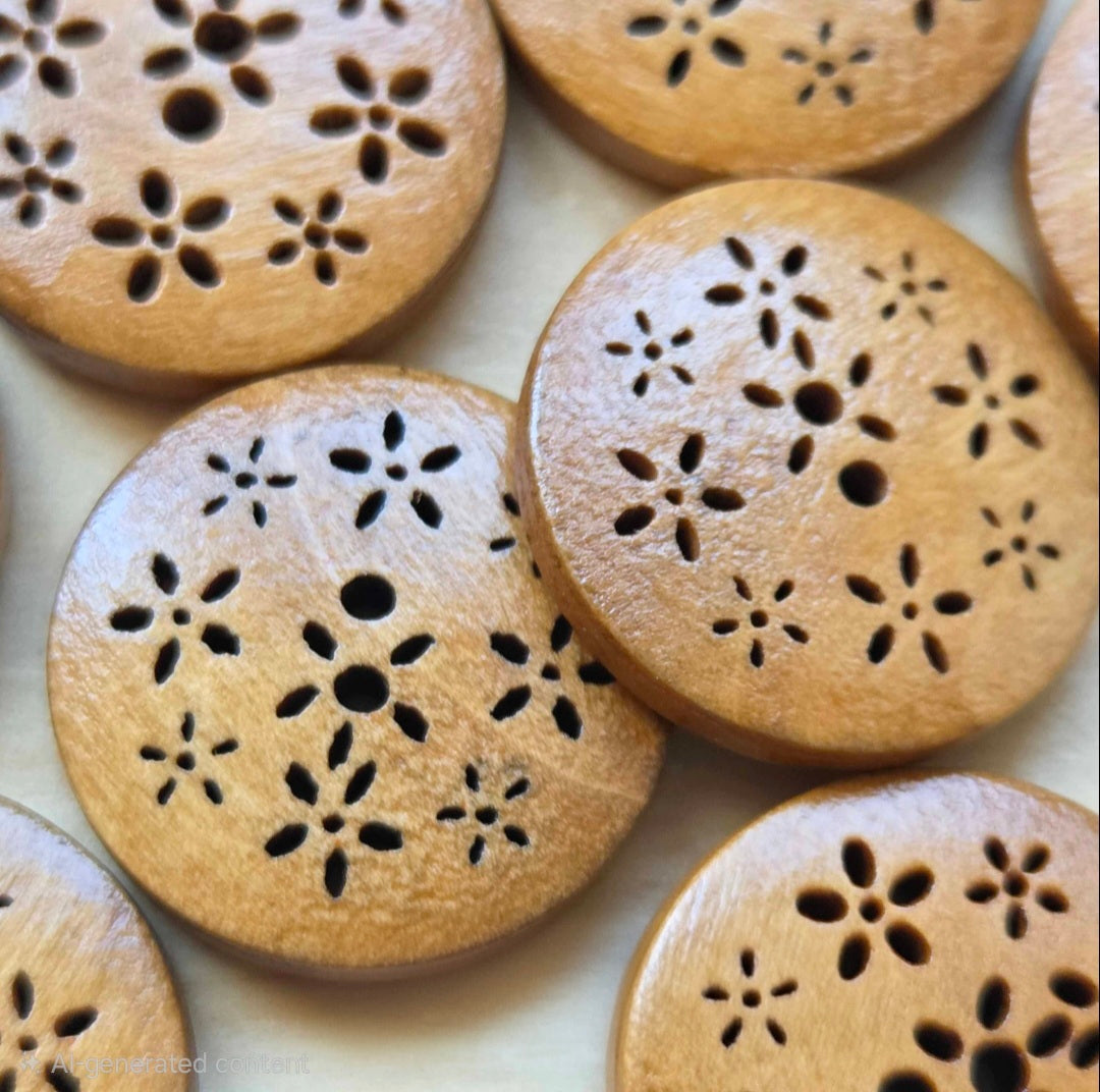LITTLE FLOWERS / Brown 2-Hole Wooden Buttons / 20mm (Set of 6)