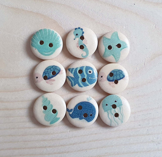 SEA CREATURES / 15mm / Wooden Buttons / Sewing Buttons