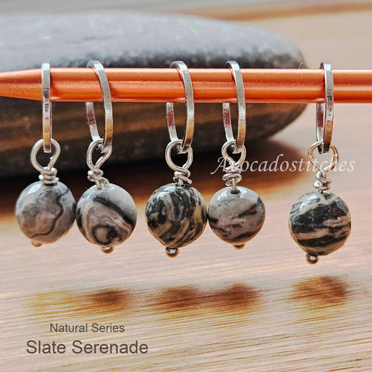 SLATE SERENADE (Natural Stone & Stainless Steel) – Set of 5 Stitch Markers / Knitting Crochet Notions