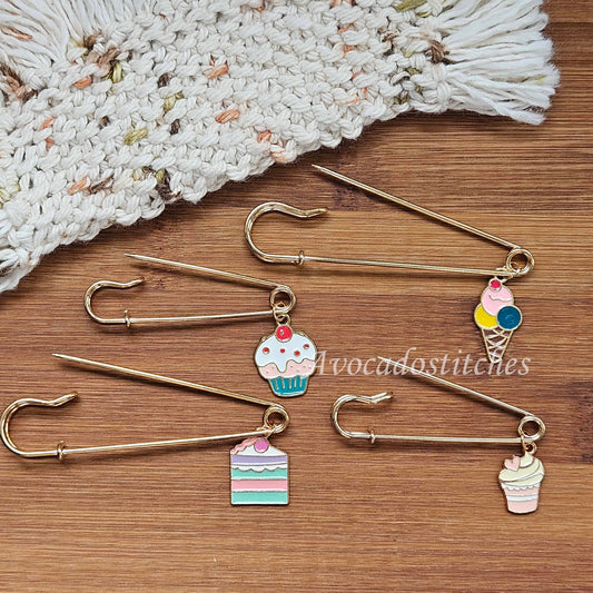 SWEET TREATS - 4 pieces / Stitch Holders / Kilt Pin Stitch Holder / Shawl pin / brooch / Knitting Crochet Notions