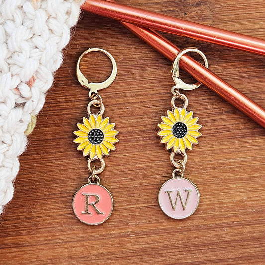 SUNFLOWER Right & Wrong Side Stitch Markers / 2 pcs / Removable Stainless Steel Leverback Markers / Knitting Crochet Markers / Notions