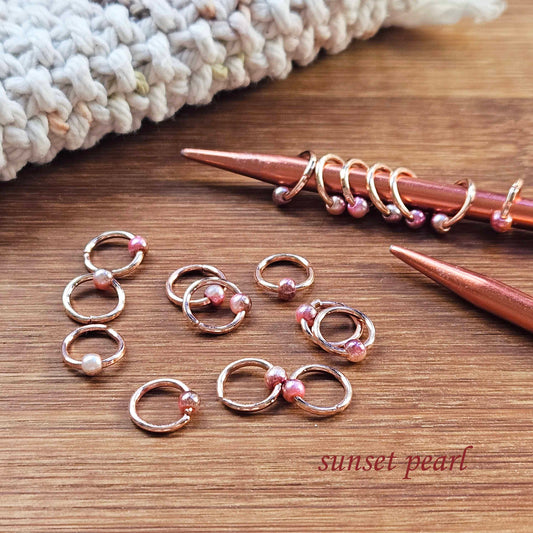 SUNSET PEARL Stitch Markers / 10 pcs / Rose Gold Snag Free Stitch Markers / Notions