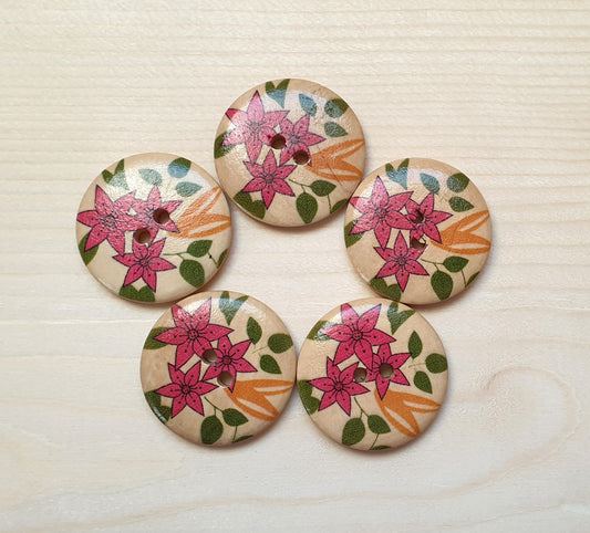 TRIO STARFLOWERS / 30mm - 5 buttons / Wooden Buttons / Sewing Buttons