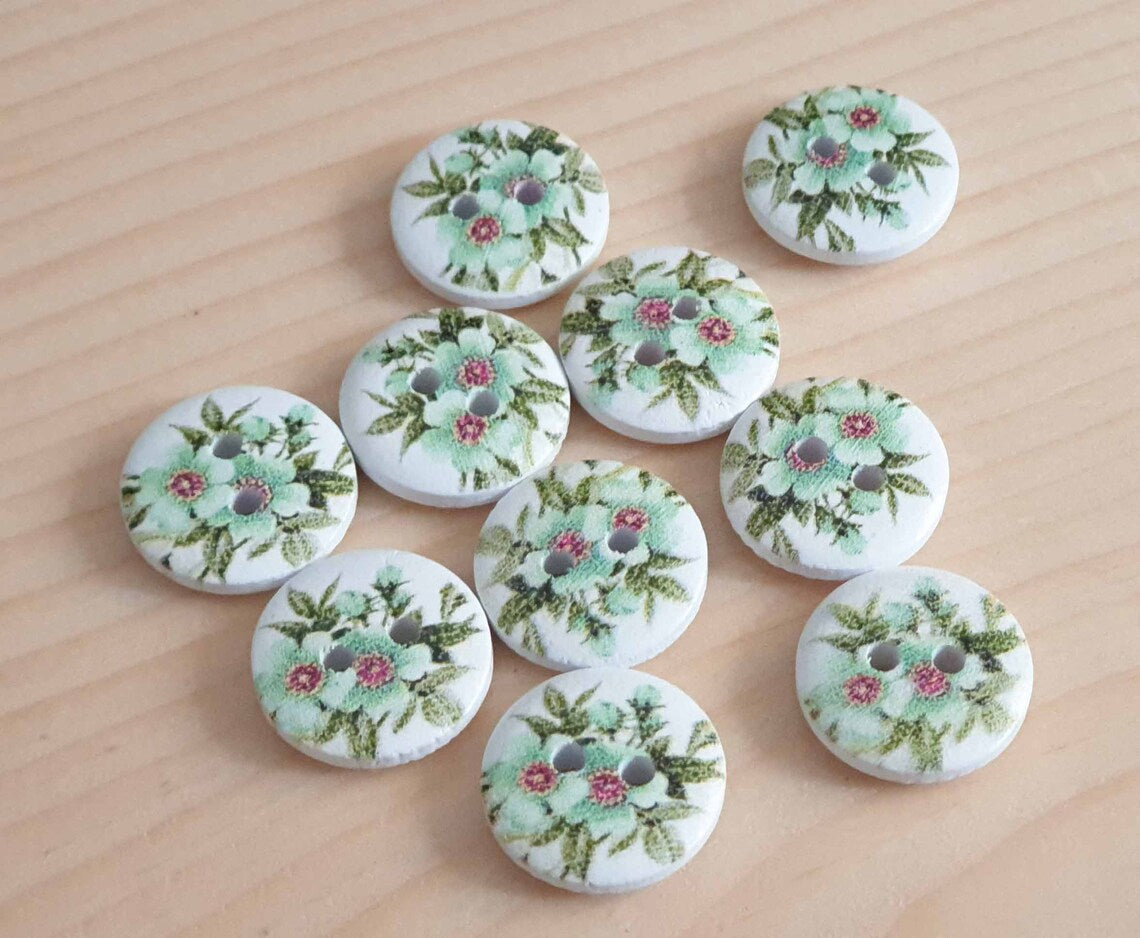 TURQUOISE DAISIES / 15mm - 8 buttons / Wooden Buttons / Sewing Buttons