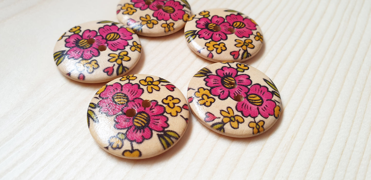 TWIN DAISIES / 30mm / Set of 5 buttons / Wooden Buttons / Sewing Buttons