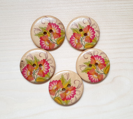 TWIN FAN FLOWERS / 30mm / Set of 4 buttons / Wooden Buttons / Sewing Buttons