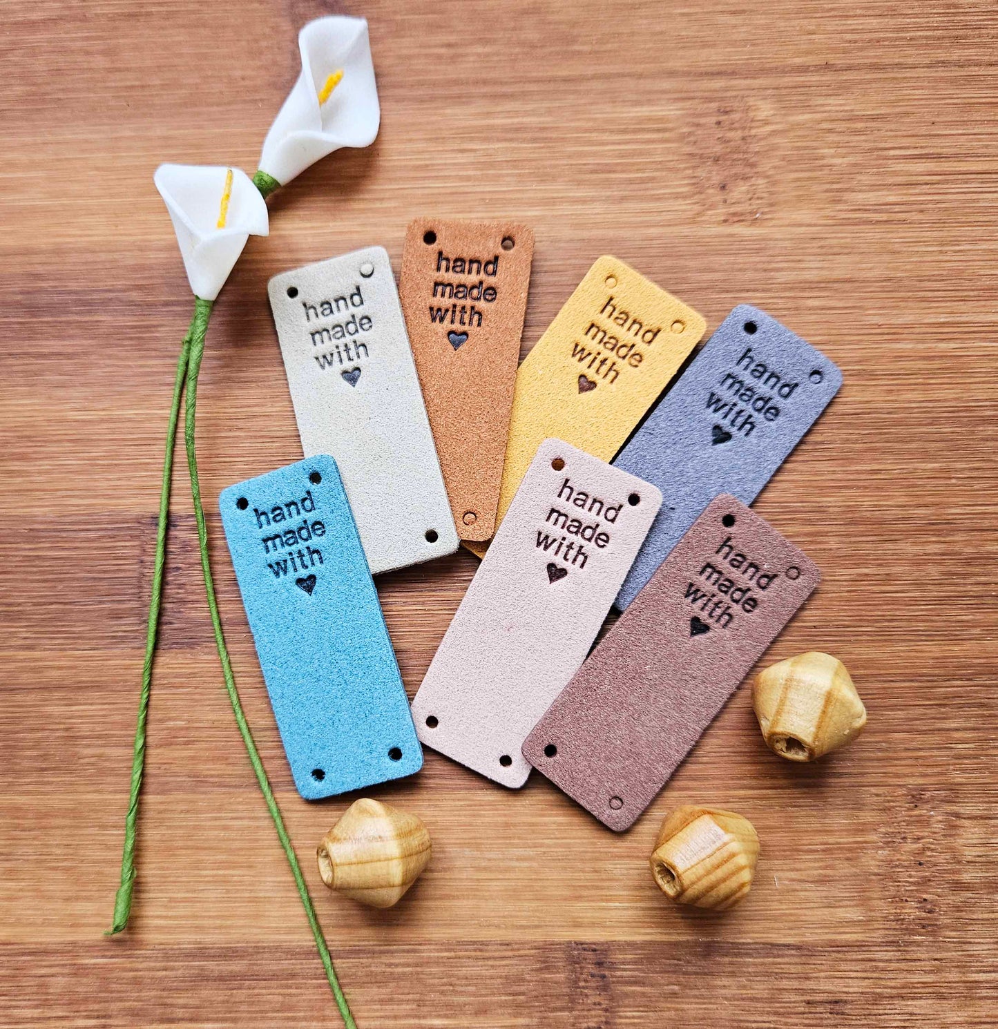 HANDMADE WITH LOVE LABELS / Set of 5 / Round Faux Suede Labels / Handmade Tags / Garment Labels